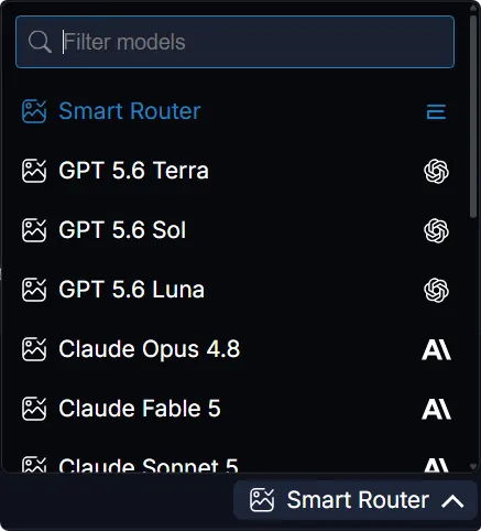 The EXAIVIA model picker, with a filter box, Smart Router at the top, and GPT, Claude and other models listed below it.