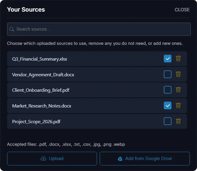 The Your Sources panel: uploaded documents, each with a checkbox to include it and a button to remove it, plus Upload and Add from Google Drive.